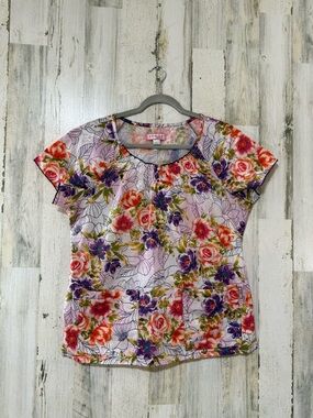 Koi Scrub Top Floral Scoop-Neck Short Sleeve Top - Lavender/Pink